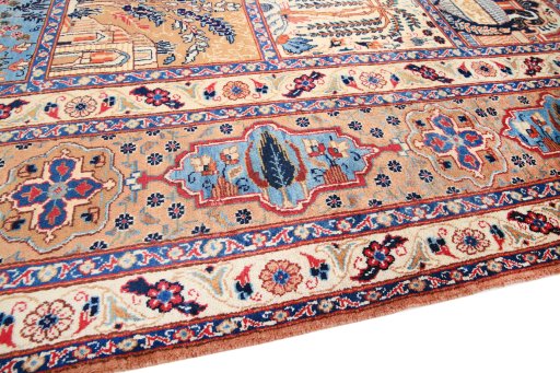 Backside of handmade 1980s Kashmar rug showing knot structure and weave density