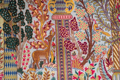 Backside of handmade 1960s Kashmar rug showing knot structure and weave density
