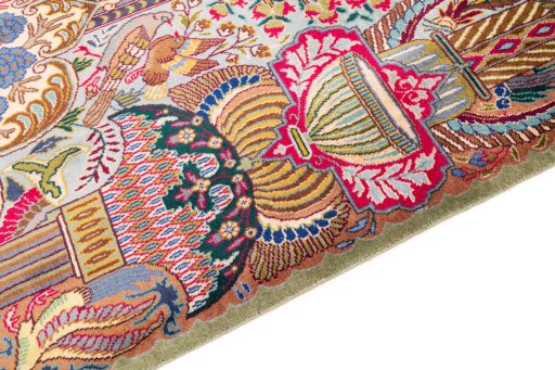 Backside of handmade 1960s Kashmar rug showing knot structure and weave density