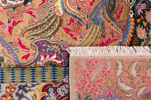 Close-up detail of 1960s Kashmar rug from Iran / Persia showing Wool weave