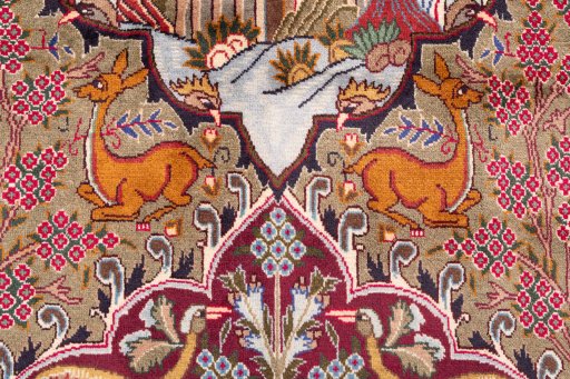 Close-up detail of 1960s Kashmar rug from Iran / Persia showing Wool weave