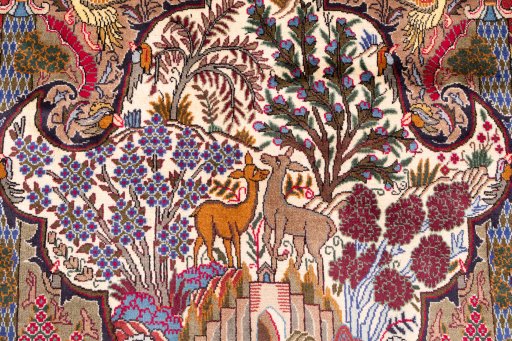 Full view of 1960s Kashmar rug from Iran / Persia, 357 × 246 cm in Multi Color tones