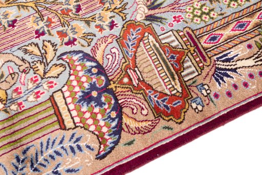 Backside of handmade 1960s Kashmar rug showing knot structure and weave density
