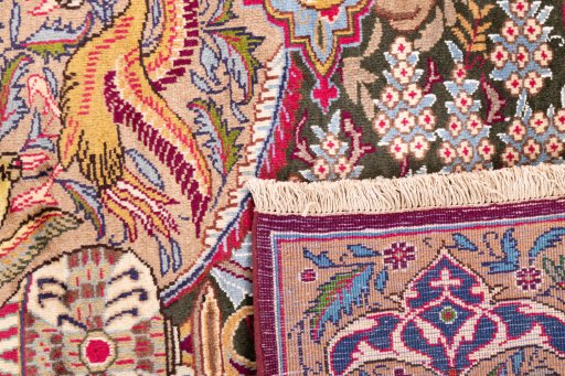 Close-up detail of 1960s Kashmar rug from Iran / Persia showing Wool weave