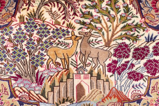 Corner detail of 1960s Kashmar rug showing border pattern and Wool pile