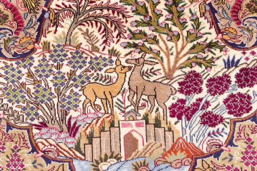 Corner detail of 1965s Kashmar rug showing border pattern and Wool pile