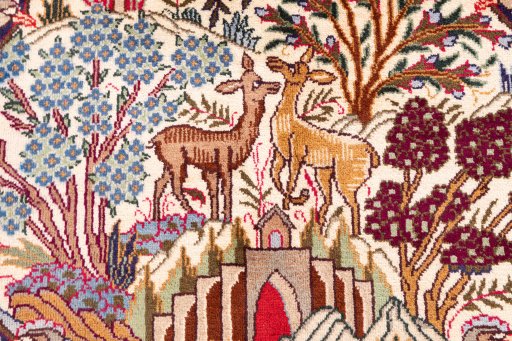 Close-up detail of 1960s Kashmar rug from Iran / Persia showing Wool weave