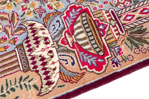 Backside of handmade 1960s Kashmar rug showing knot structure and weave density