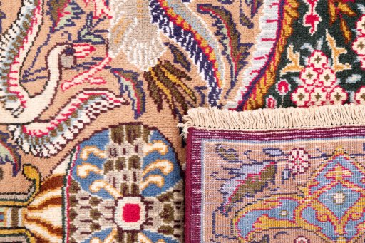 Close-up detail of 1960s Kashmar rug from Iran / Persia showing Wool weave