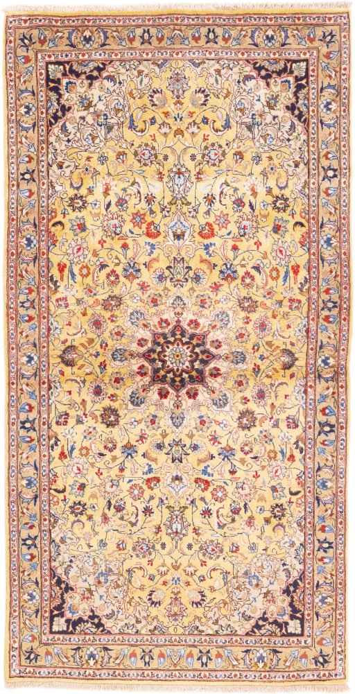 Full view of 1977s Kashmar rug from Iran / Persia, 208 × 105 cm in Cream tones