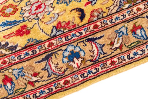 Backside of handmade 1977s Kashmar rug showing knot structure and weave density
