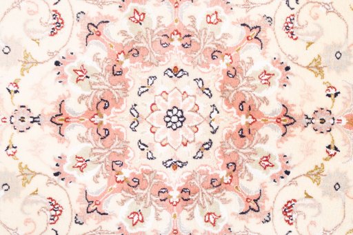 Full view of 1985s Kashmar rug from Iran / Persia, 190 × 145 cm in Cream tones