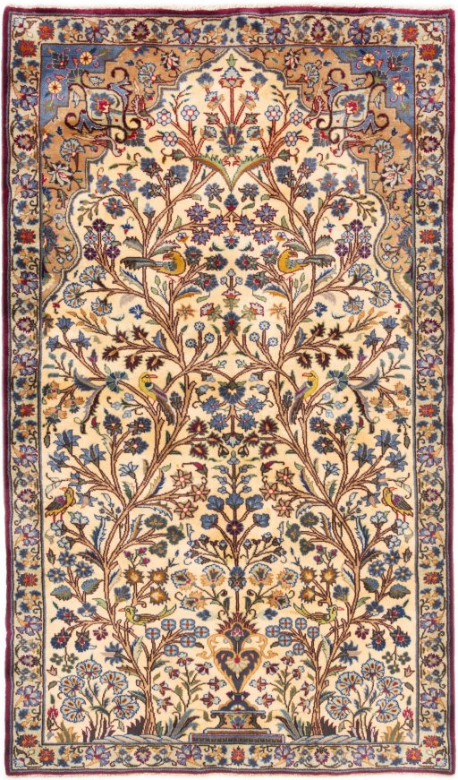 Full view of 2002s Kashmar rug from Iran / Persia, 195 × 113 cm in Beige tones