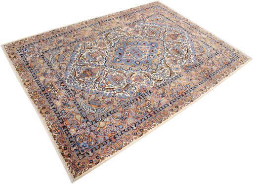 Corner detail of 1990s Kashmar rug showing border pattern and Wool pile