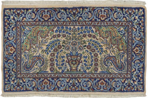 Full view of 1960s Kerman rug from Iran / Persia, 89 × 55 cm in Cream tones