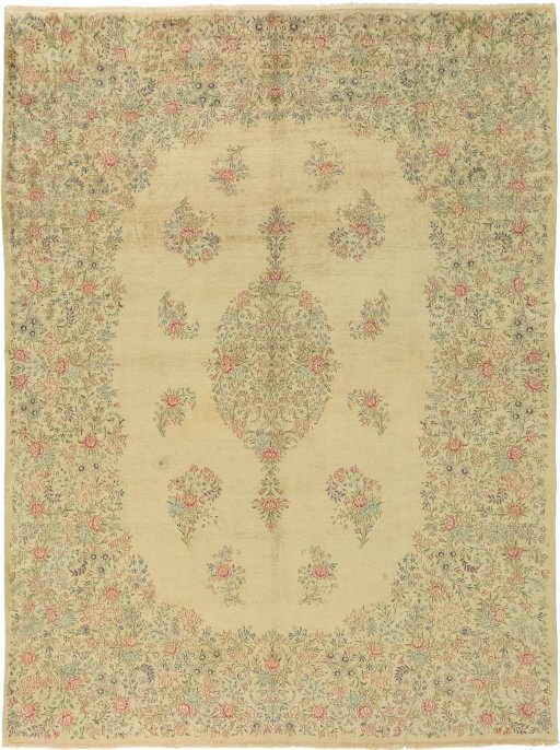 Full view of 1960s Kerman rug from Iran / Persia, 411 × 303 cm in Cream tones