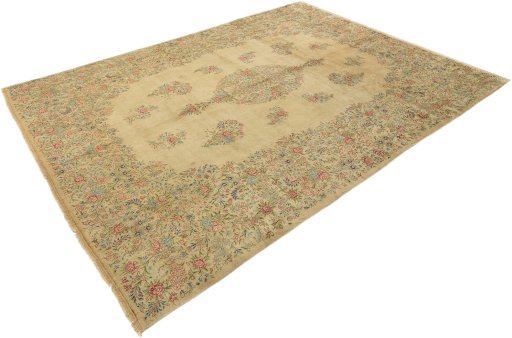 Corner detail of 1960s Kerman rug showing border pattern and Wool pile