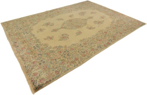 Close-up detail of 1960s Kerman rug from Iran / Persia showing Wool weave