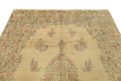 Surface texture of 1960s Kerman rug with natural Wool and intricate pattern