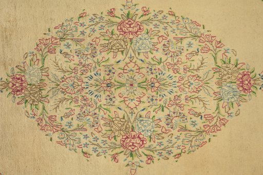 Full view of 1960s Kerman rug from Iran / Persia, 411 × 303 cm in Cream tones