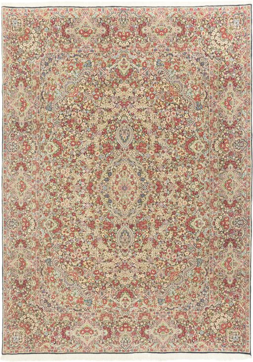 Full view of 1970s Kerman rug from Iran / Persia, 400 × 300 cm in Multi Color tones