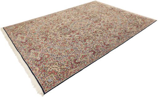 Corner detail of 1970s Kerman rug showing border pattern and Wool pile