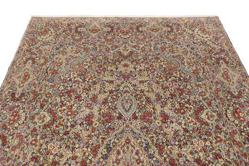 Surface texture of 1970s Kerman rug with natural Wool and intricate pattern