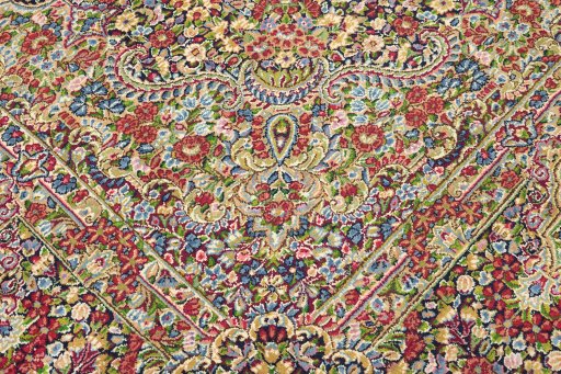 Full view of 1970s Kerman rug from Iran / Persia, 400 × 300 cm in Multi Color tones