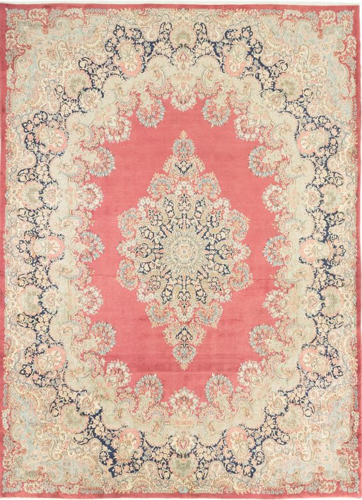Full view of 1950s Kerman rug from Iran / Persia, 415 × 310 cm in Red tones