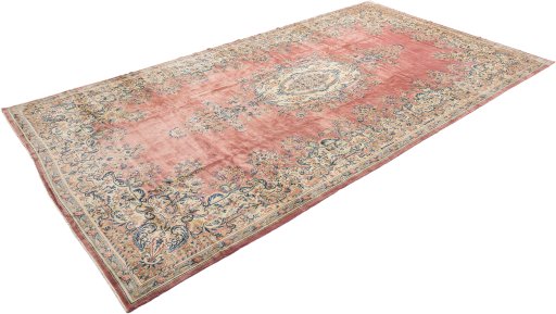Corner detail of 1950s Kerman rug showing border pattern and Wool pile