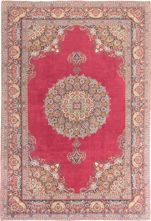 Full view of 1950s Kerman rug from Iran / Persia, 387 × 266 cm in Dark red tones