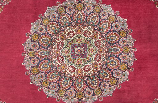 Close-up detail of 1950s Kerman rug from Iran / Persia showing Wool weave
