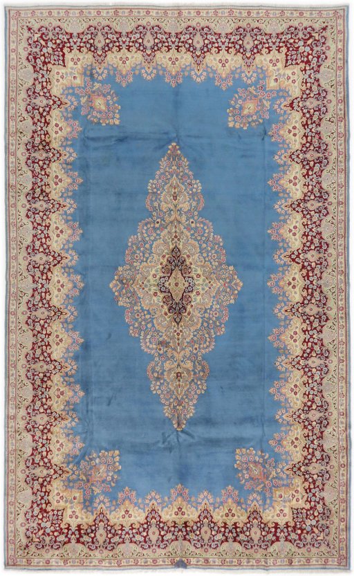 Full view of 1960s Kerman rug from Iran / Persia, 486 × 298 cm in Blue tones