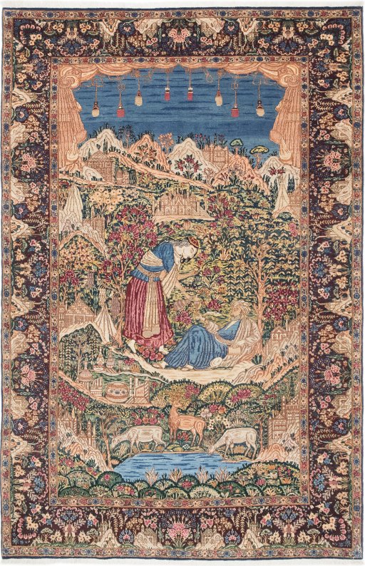 Full view of 1960s Kerman rug from Iran / Persia, 217 × 141 cm in Multi Color tones