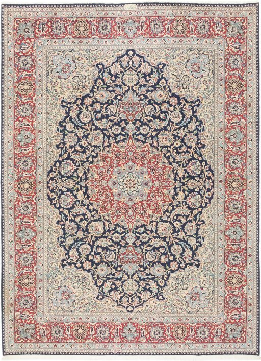 Full view of 1960s Kerman rug from Iran / Persia, 380 × 282 cm in Dark blue tones