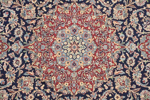 Full view of 1960s Kerman rug from Iran / Persia, 380 × 282 cm in Dark blue tones