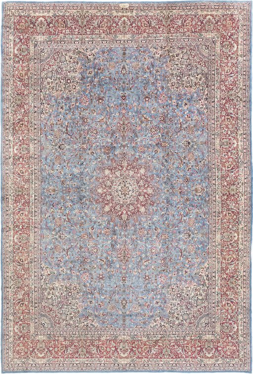 Full view of 1960s Kerman rug from Iran / Persia, 445 × 300 cm in Blue tones