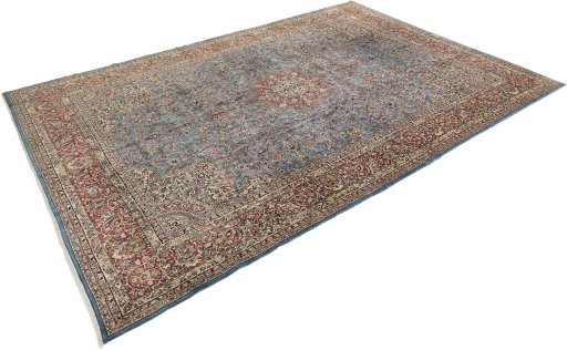 Corner detail of 1960s Kerman rug showing border pattern and Wool pile