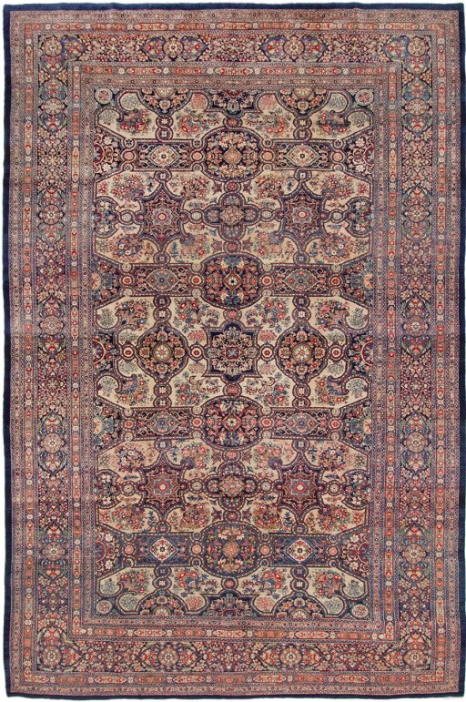 Full view of 1900s Kerman rug from Iran / Persia, 511 × 333 cm in Cream tones