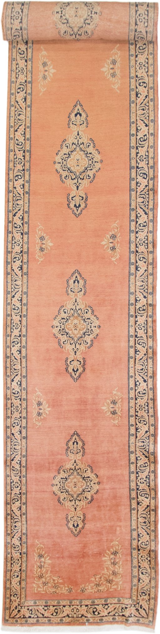 Full view of 1940s Kerman rug from Iran / Persia, 1179 × 109 cm in Terracotta tones