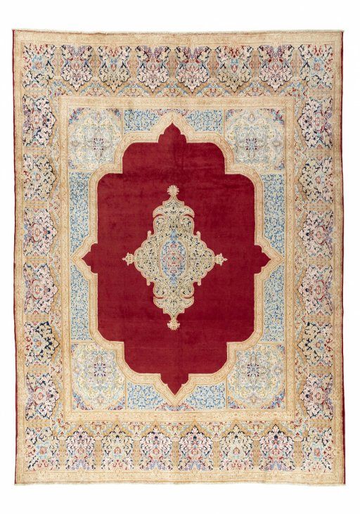 Full view of 2000s Kerman rug from Iran / Persia, 417 × 308 cm in Red tones