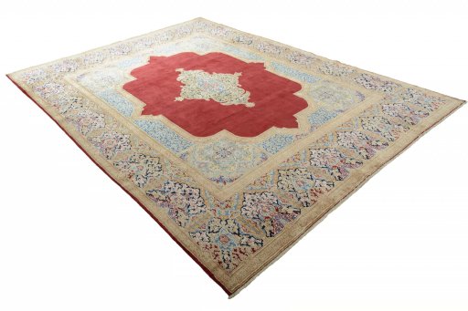 Close-up detail of 2000s Kerman rug from Iran / Persia showing Wool weave
