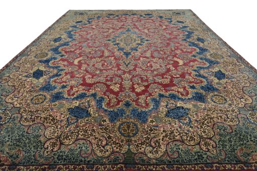 Surface texture of 1930s Kerman rug with natural Wool and intricate pattern