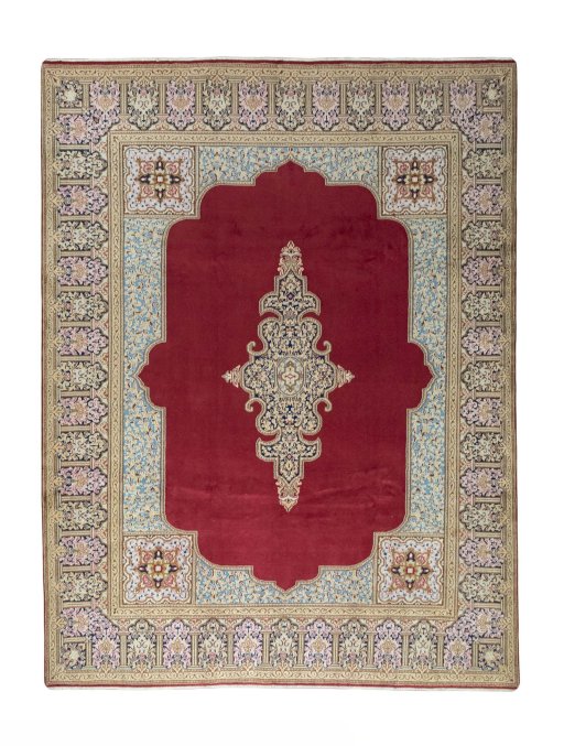Full view of 2000s Kerman rug from Iran / Persia, 365 × 278 cm in Red tones