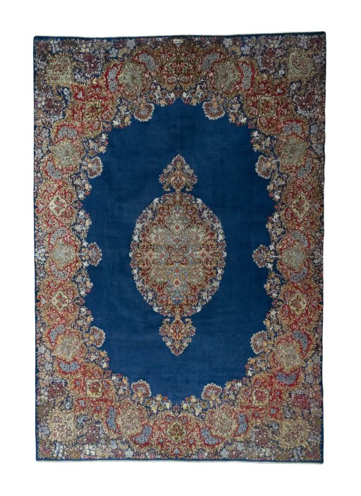 Full view of 1970s Kerman rug from Iran / Persia, 440 × 300 cm in Blue tones