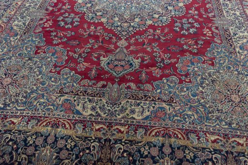 Close-up detail of 1950s Kerman rug from Iran / Persia showing Wool weave