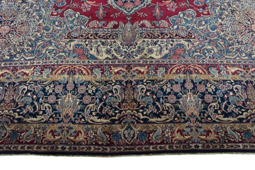 Full view of 1950s Kerman rug from Iran / Persia, 457 × 355 cm in Red tones