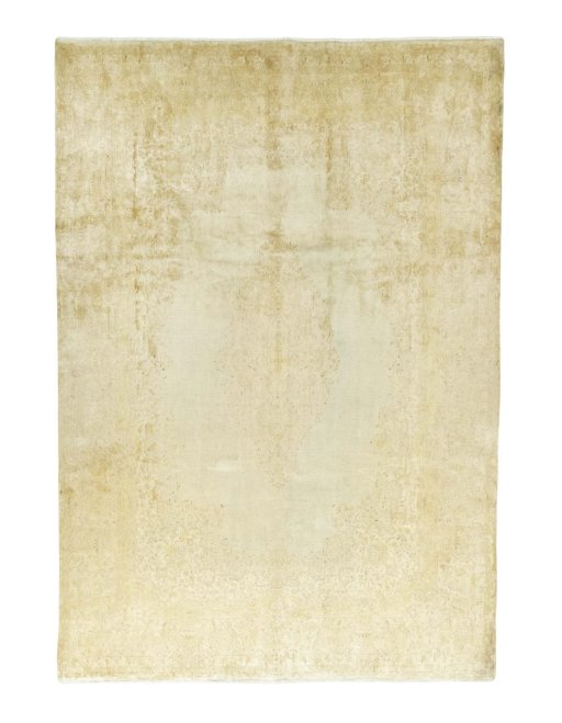 Full view of 1950s Kerman rug from Iran / Persia, 430 × 297 cm in Beige tones