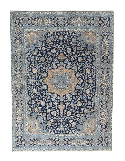 Full view of 2000s Kerman rug from Iran / Persia, 414 × 302 cm in Blue tones