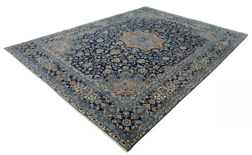 Corner detail of 2000s Kerman rug showing border pattern and Wool pile